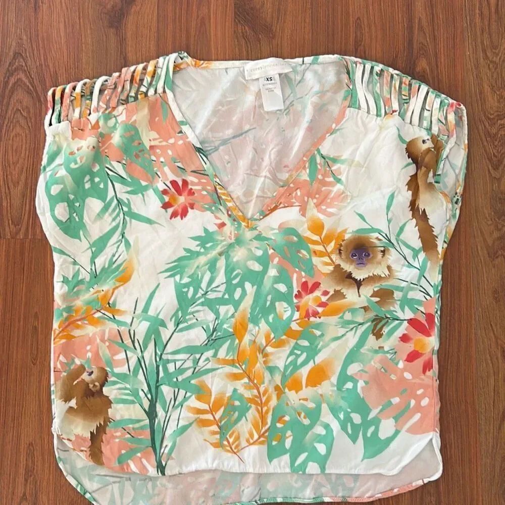Corey Lynn Calter anthropologie tropical oversized blouse with monkeys and open